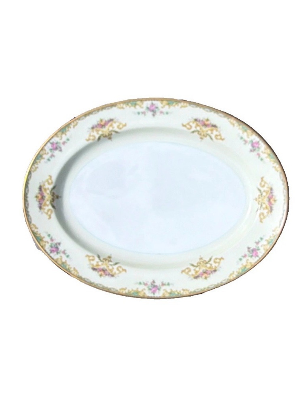 Noritake White Porcelain Oval Platter with Gold Trim and Pink Floral Accents